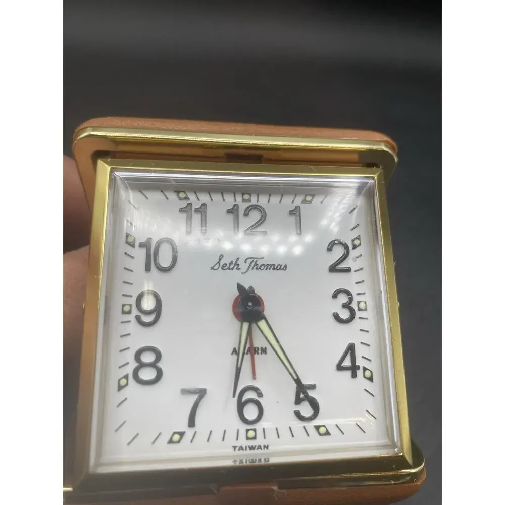 Vintage Seth Thomas Windup Travel Alarm Clock w/ Foldup Hard Plastic Case Works